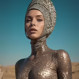 woman in shiny metallic body suit with a very large head