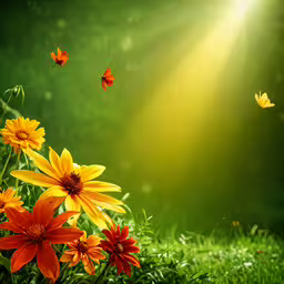 a yellow field of flowers and red daisies with the sun peaking through,several flowers that are in the grass with sunbeams