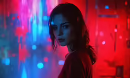 a young woman standing in front of bright colored lights