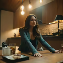 the young woman is sitting in the kitchen looking on