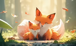 a small orange fox and its mother sitting on grass in the woods