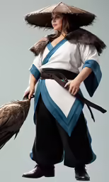 an asian woman with a hat and feather