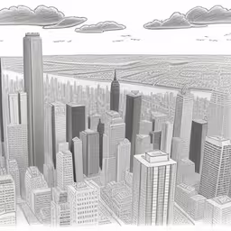 an artistic pencil drawing of cityscapes and clouds,a drawing of a city with skyscrapers and a bridge