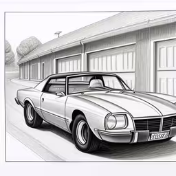 a black and white drawing of a car parked in front of a garage,a sketch of an old car in a driveway