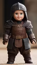 a small doll in a brown outfit and helmet on the ground