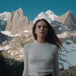 a woman with long hair stands in front of a mountain range