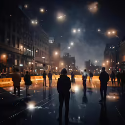a crowd of people on a city street at night