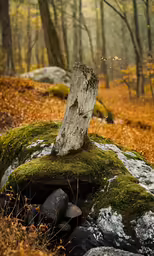 a moss covered rock that has a tree trunk