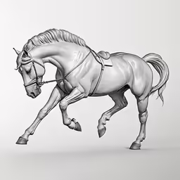 an ink drawing of a running horse with reins