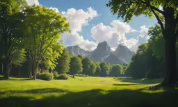 green and grass field, trees and mountain view