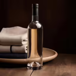 a glass bottle is next to some cloths on a tray