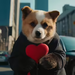 a dog is wearing a black jacket and holding a red heart