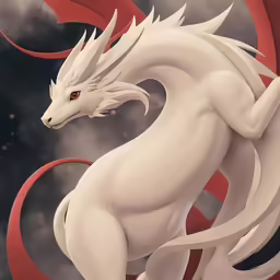 a white and red dragon sits against a dark background