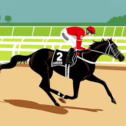 there is a horse that is riding in the race,a person in a helmet and uniform riding on a horse