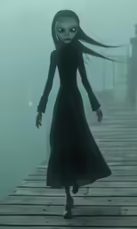 the woman is walking across the bridge in the fog