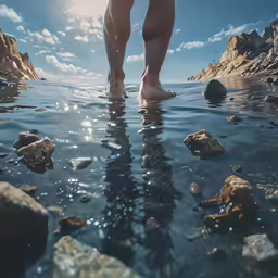a person with his feet in the water by the rocks
