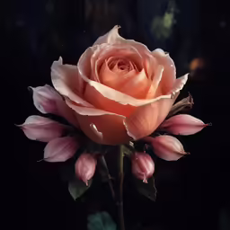 a peach colored flower blooming inside of a black vase