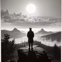 a man in the distance with his arms crossed standing on a hill looking out over the foggy valley