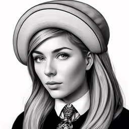 a drawing of a woman in a hat and tie