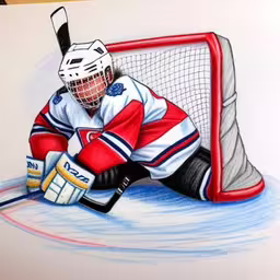 a drawing of a hockey player playing in front of the goal