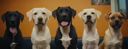 three large and four small dogs sit side by side