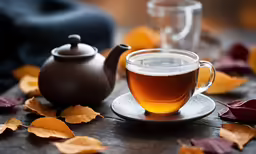 the tea pot is full of tea and the glass mugs are next to it