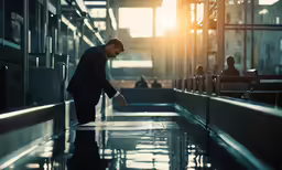 a man in suit touching a large silver object