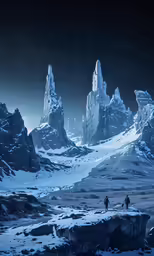 several people are walking through a snowy landscape