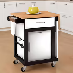 small rolling kitchen cart with wooden top and drawers
