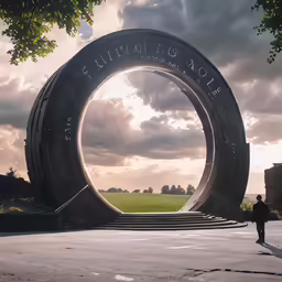 the large circular sculpture has writing on it