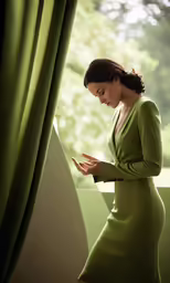 a beautiful young lady wearing a green dress standing in front of a window