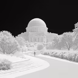 black and white photograph of a domed building in the night