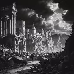 a bunch of ruins are by the mountains under a cloudy sky