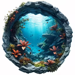 an underwater scene that is painted on the side of a rock wall