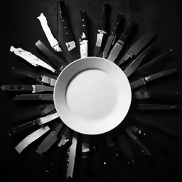 a white plate and some black knifes