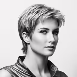 a woman is posing with short hair