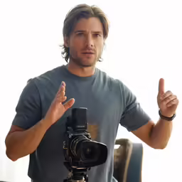 a man in grey shirt and gray shirt standing next to a camera