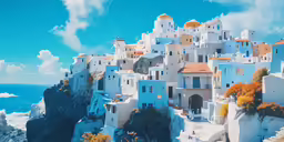 a colorful village by the sea on a hill