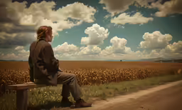 the woman is sitting on a bench watching the cornfield