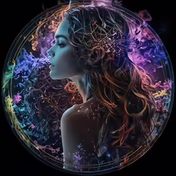 a young woman stares up at the background of an artwork work
