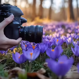 the person holds the camera in front of them in the grass