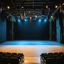 empty theater stage in dark room with lights overhead