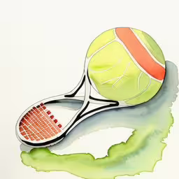 the tennis racket and ball are on a green surface,a painting of tennis racket and ball sitting on top of green powder,a painting of a tennis ball and racket,a watercolor of a tennis racket and a tennis ball on top of a watercolor spot,watercolor and ink drawing of a tennis ball and racket