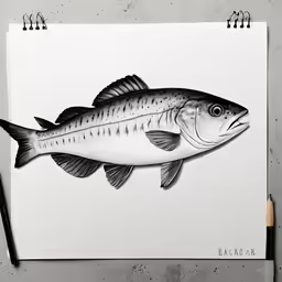 fish on white paper and markers, near pencil and marker