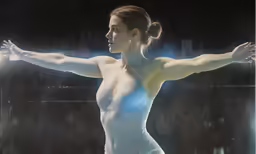 there is a woman with one arm stretched out