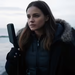 a woman in black coat standing next to water