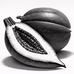 black and white photograph of a fresh ripe fruit