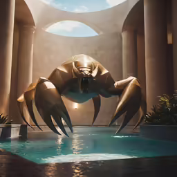 an enormous crab in a very small pool near the giant building