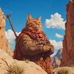 a cat in a desert holding a camera and a rifle
