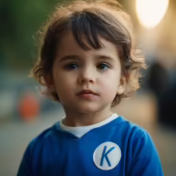 the young child in the blue shirt has long curly hair